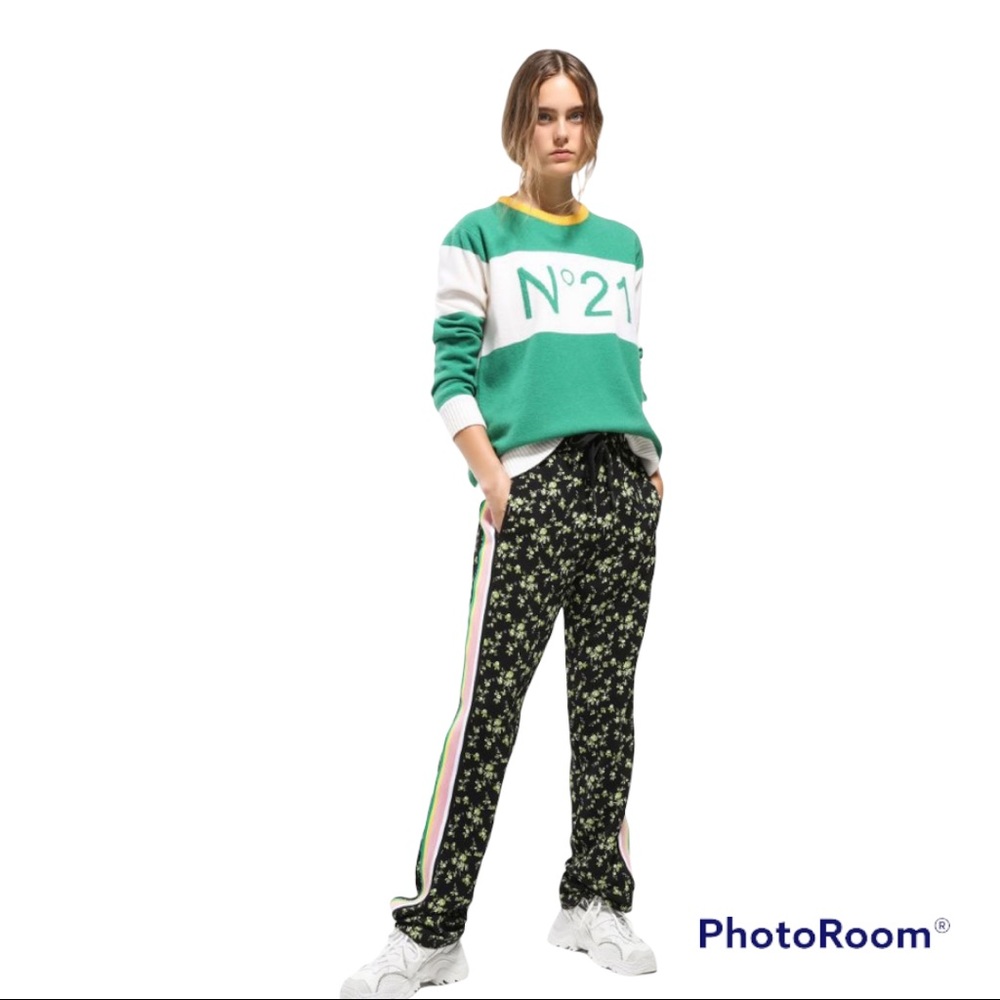 No21 Floral Pants with Racing Stripe Side Sz 42 Designer Alessandro Dell' Acqua